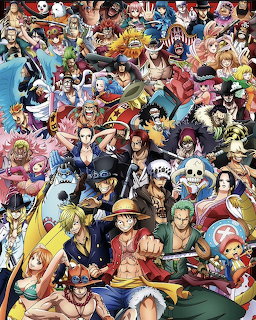 Crowded collage of diverse One Piece anime characters in vibrant colors