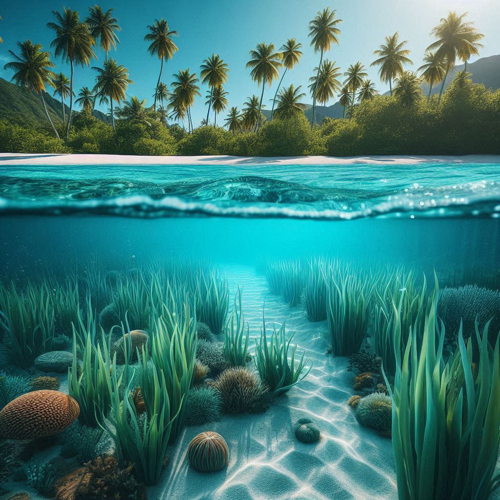 Split view of tropical beach with palm trees above water and underwater coral reef scene below