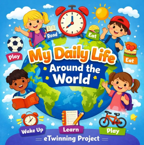 Cartoon children of different ethnicities around Earth globe with daily routine activities and time symbols