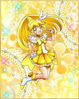 Cure Peace from Smile PreCure in yellow dress posing happily on sparkly yellow background