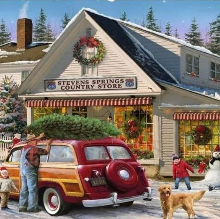 Snowy Christmas scene with a country store, red wagon carrying a tree, children, and a dog