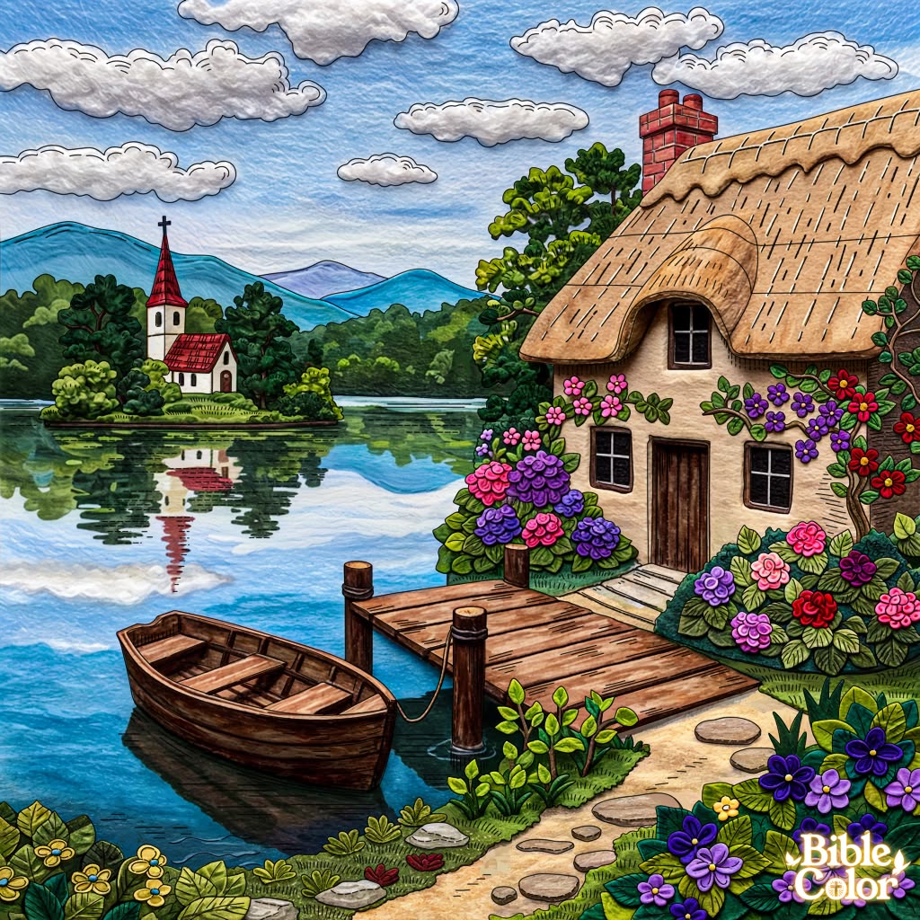 Thatched cottage by lake with boat, flowers, and church