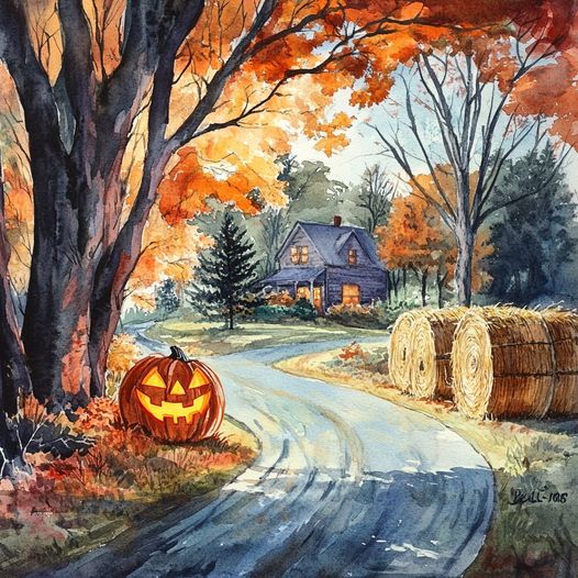 Painting of a jack-o'-lantern by a winding autumn road near hay bales and a cottage