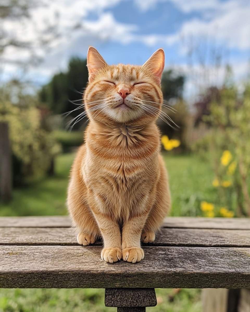 Orange tabby cat sitting on a wooden bench with eyes closed, looking content in a sunny garden