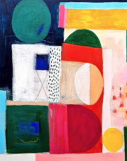 Colorful abstract painting with geometric shapes including circles and rectangles in bold primary colors