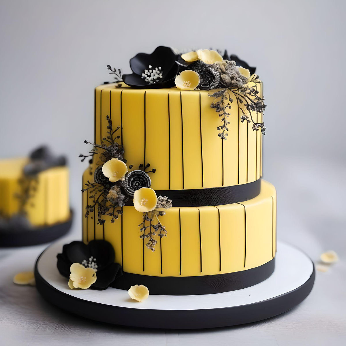 Two-tier black and yellow decorated cake on a white stand with floral accents