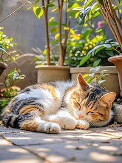 Calico cat napping on sunny stone patio with potted plants in background