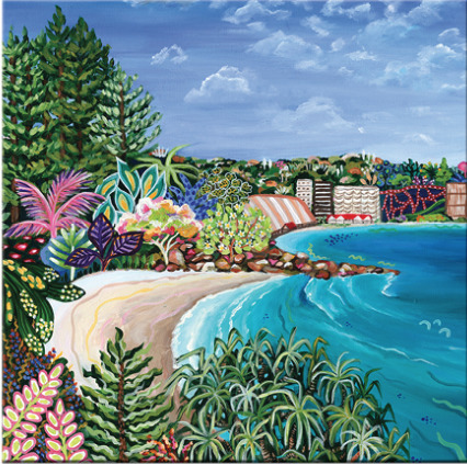 Vibrant painting of a tropical beach cove with turquoise water, lush plants and houses on a hillside