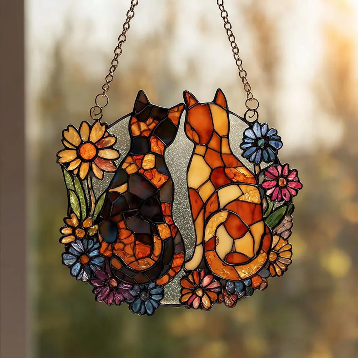 Stained glass-style hanging suncatcher showing two cats surrounded by colorful flowers