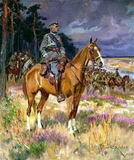 Painting of a soldier riding a brown horse in a field with other mounted riders behind him