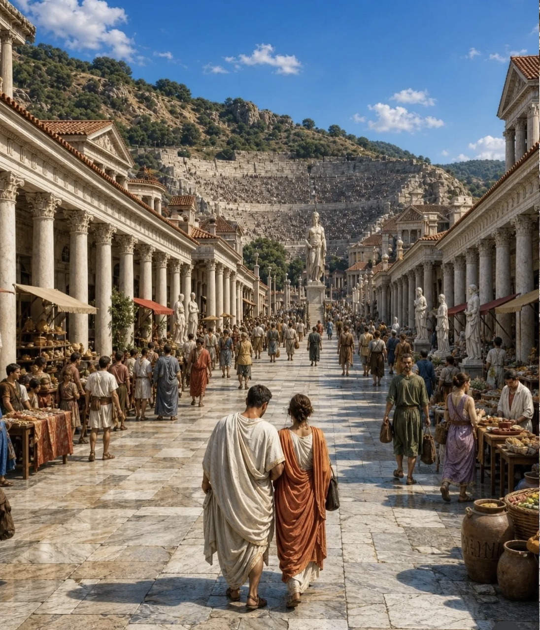 Painting of an ancient Roman street with colonnades, market stalls, and crowds of people