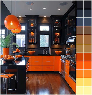 Modern kitchen with black cabinets, orange drawers, pendant lights, and wood floor