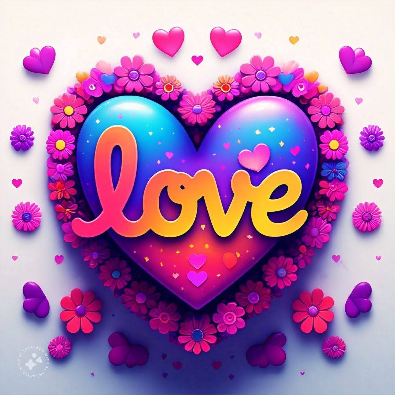 Colorful heart illustration with the word love, surrounded by flowers and small hearts