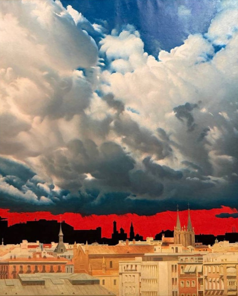 Moscow city skyline with golden buildings beneath dark storm clouds and red horizon