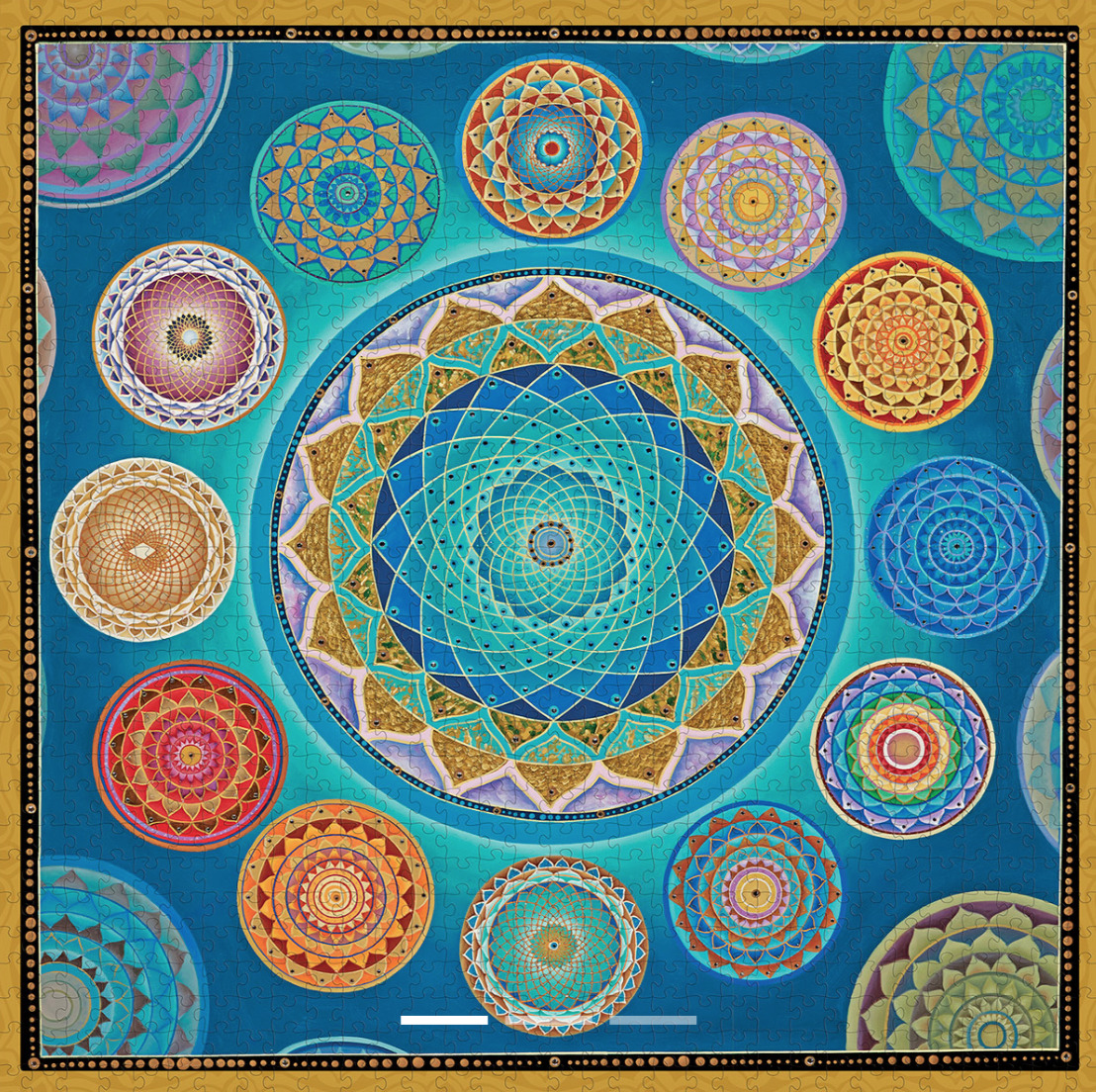 Collection of colorful circular mandalas with geometric patterns on teal background