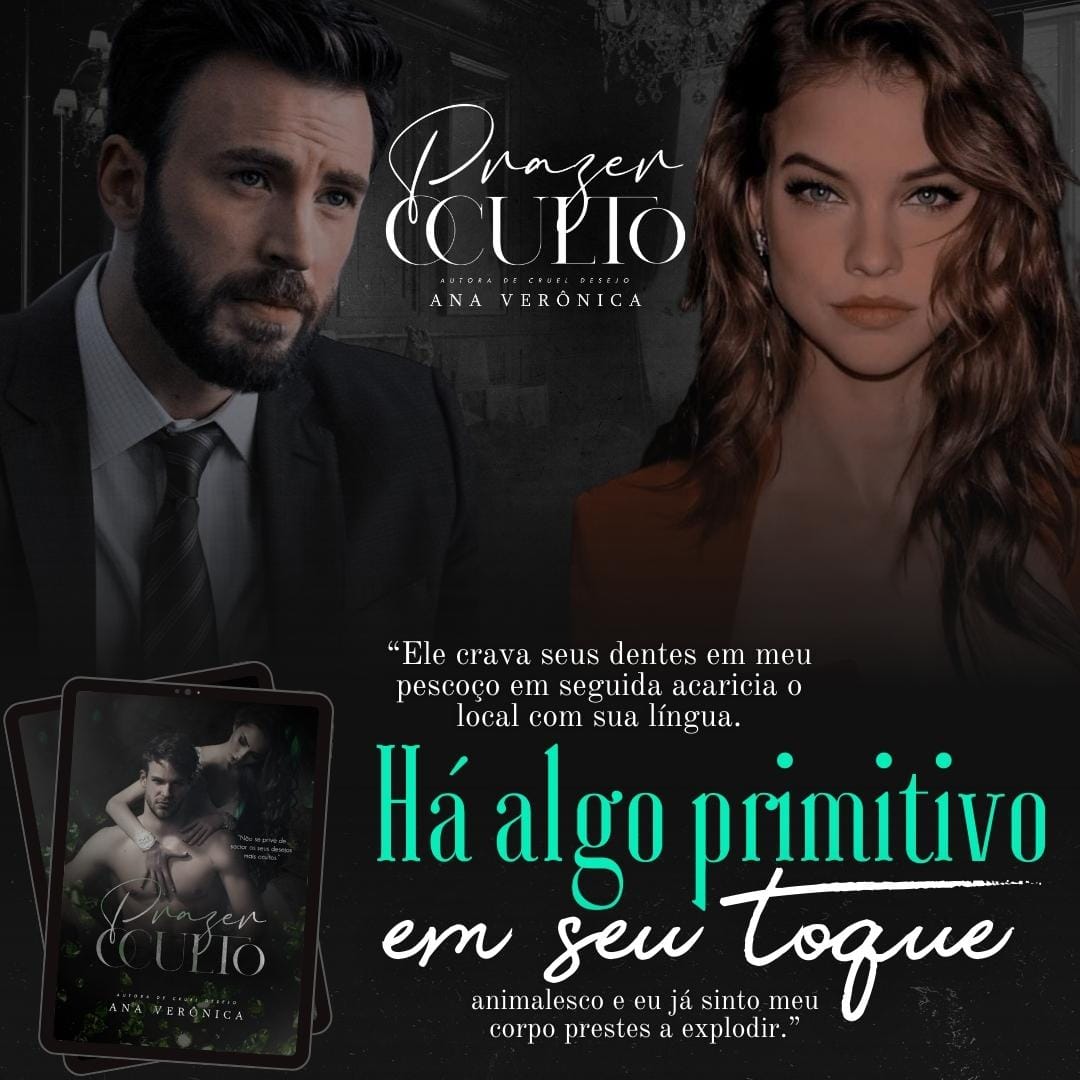 Promotional graphic showing a suited man, a woman with wavy hair, a small book cover, and Portuguese text