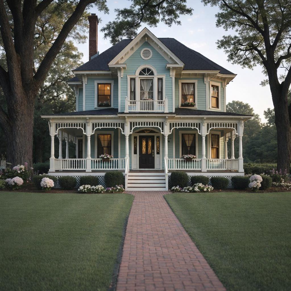 Victorian house with white wraparound porch, turret, and brick path leading to front entrance