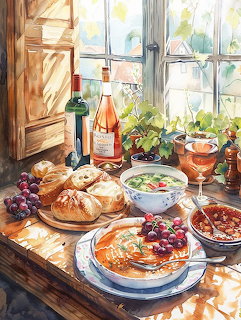 Watercolor painting of food spread including bread, soup, grapes and wine bottles by a window with potted plants