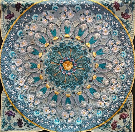 Detailed teal and gold mandala with peacock feather motifs in circular symmetrical pattern