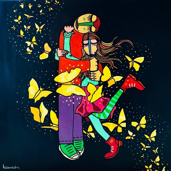 Colorful illustration of a couple hugging on a skateboard with yellow butterflies on a dark background
