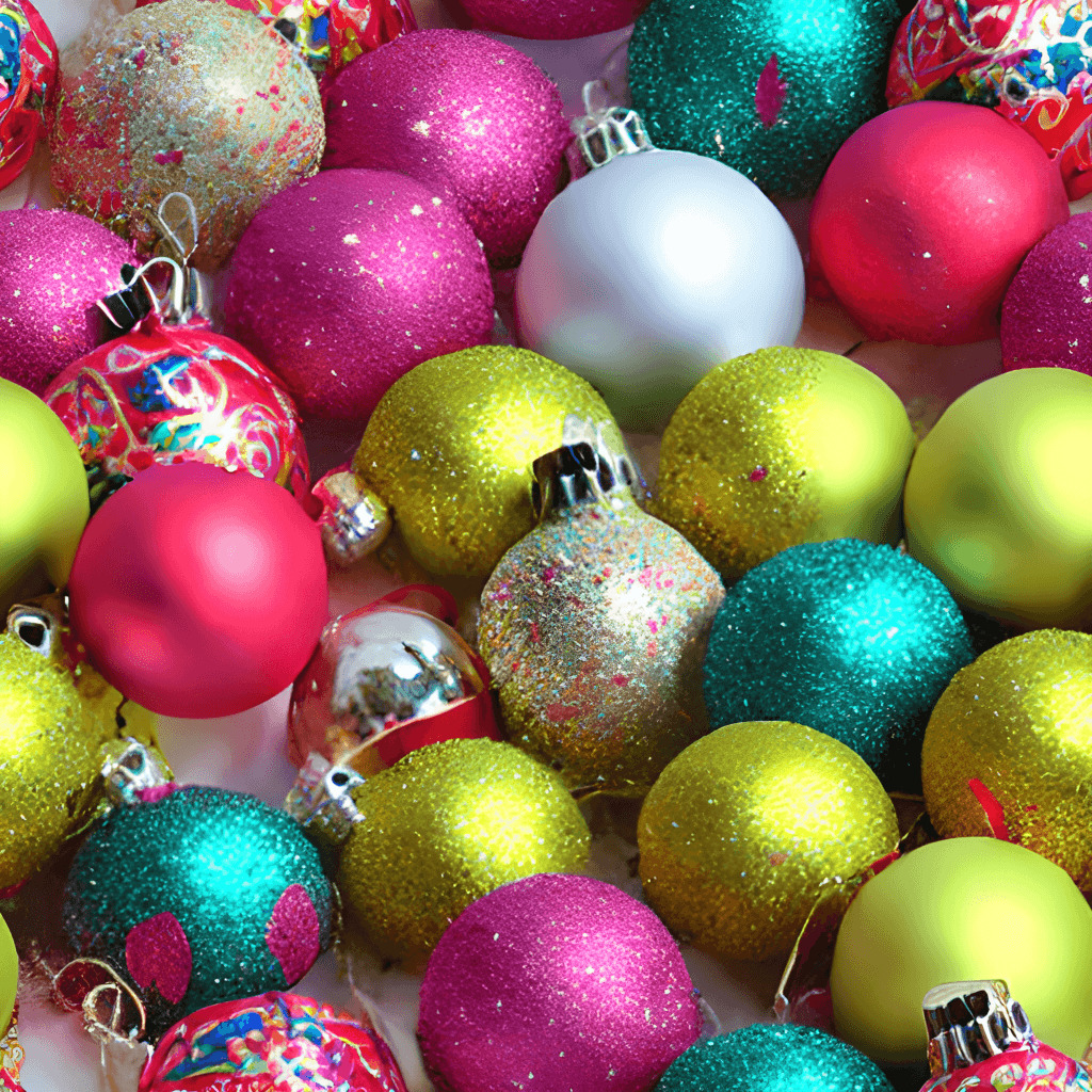Close-up of colorful glittery Christmas ornaments and baubles piled together