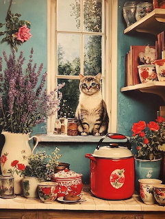 Tabby cat on windowsill in vintage kitchen with red kettle, lavender, and floral decor
