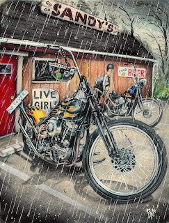 Painting of chopper motorcycles parked in rain outside a dive bar called Sandy's with neon signs