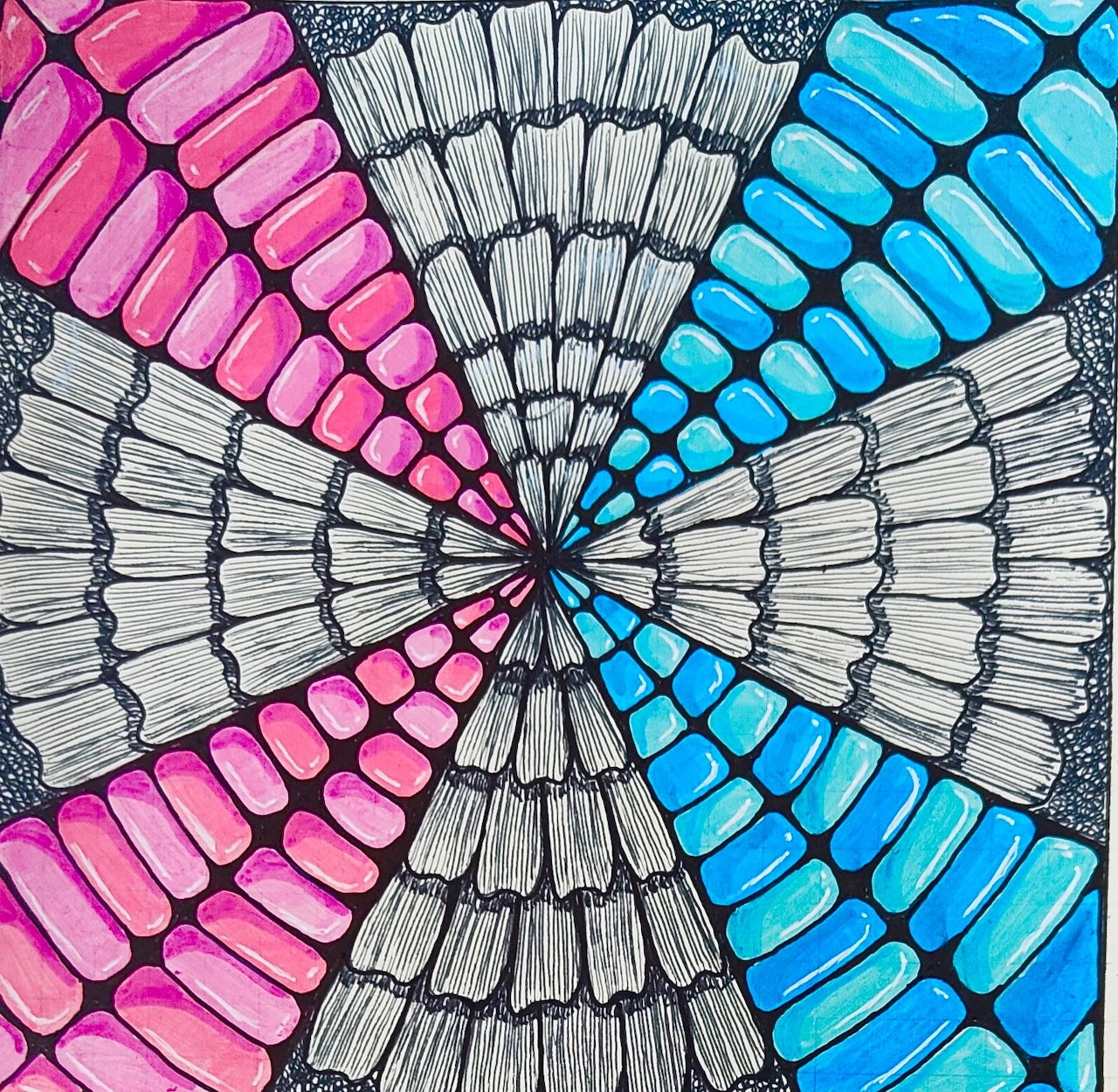 Circular mandala with pink, blue, and white radiating segments featuring detailed zentangle patterns