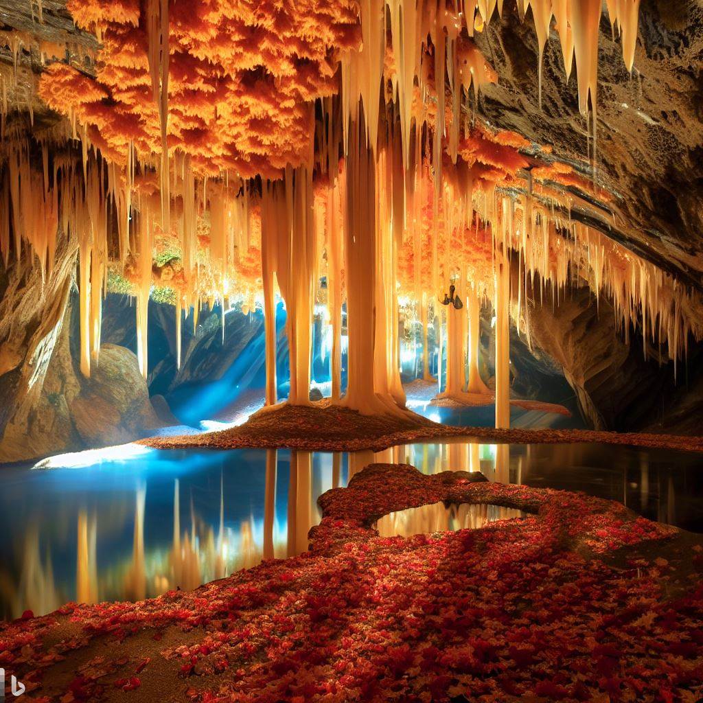 Glowing cave interior with stalactites, blue lake reflections, and a winding rocky path