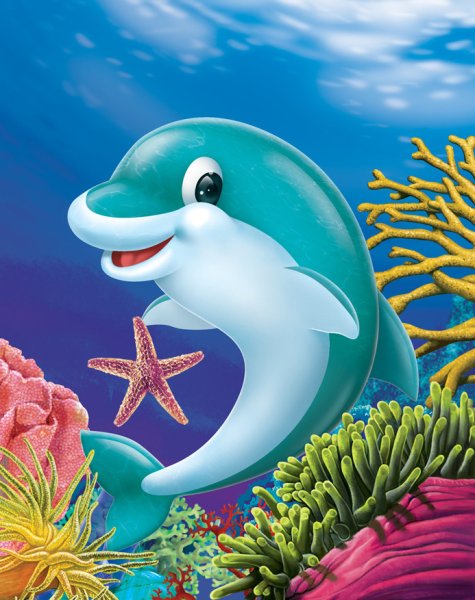 Smiling cartoon dolphin underwater with a starfish and colorful coral