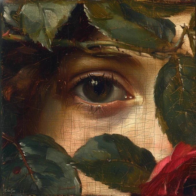 Painted eye peeking through green leaves beside a red flower