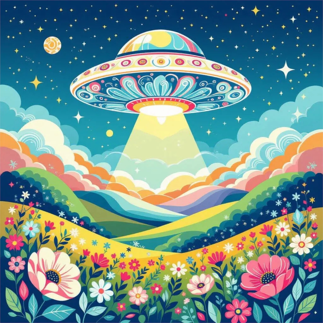 Illustrated UFO hovering over colorful flower valley with rainbow clouds and night sky