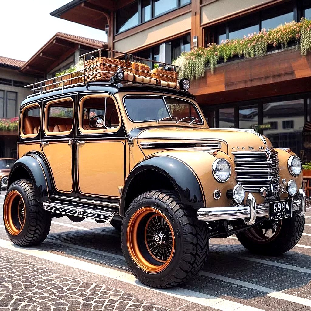 Stylized vintage off-road car with large tires parked on a cobblestone street