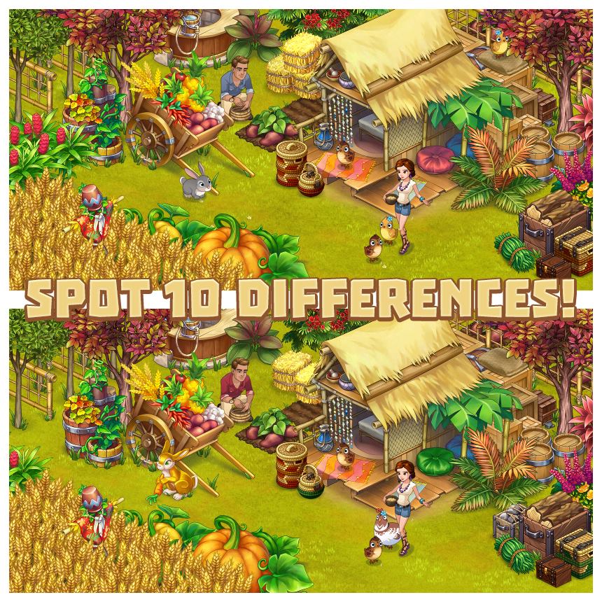 Isometric farm illustration showing barn, harvest crops, chickens, and autumn scenery in warm colors for a spot-the-difference game
