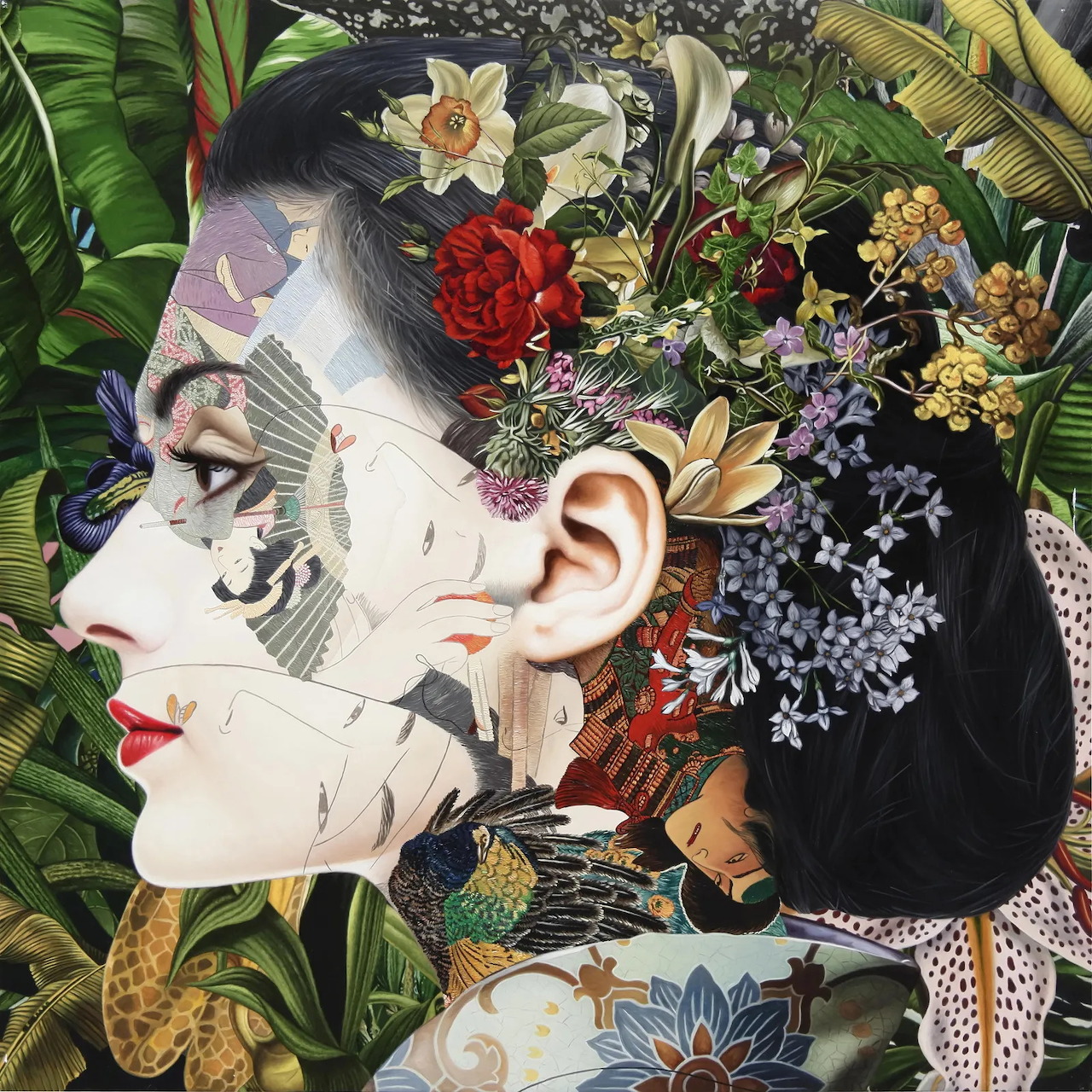 Woman's profile decorated with tropical flowers, leaves, butterflies, and jeweled ornaments in surreal collage art