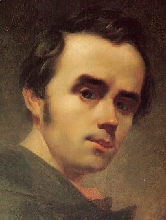 Oil painting portrait of young Taras Shevchenko with dark curly hair and contemplative gaze