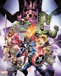 Marvel superheroes group illustration with Captain America's shield, Hulk, Thor and other heroes in dramatic action poses