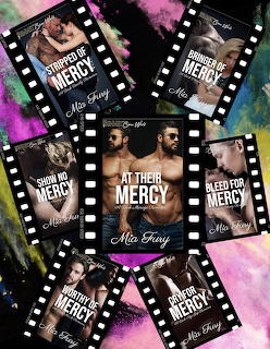 Collage of romance book covers from the Mercy series with shirtless men arranged in film strip frames