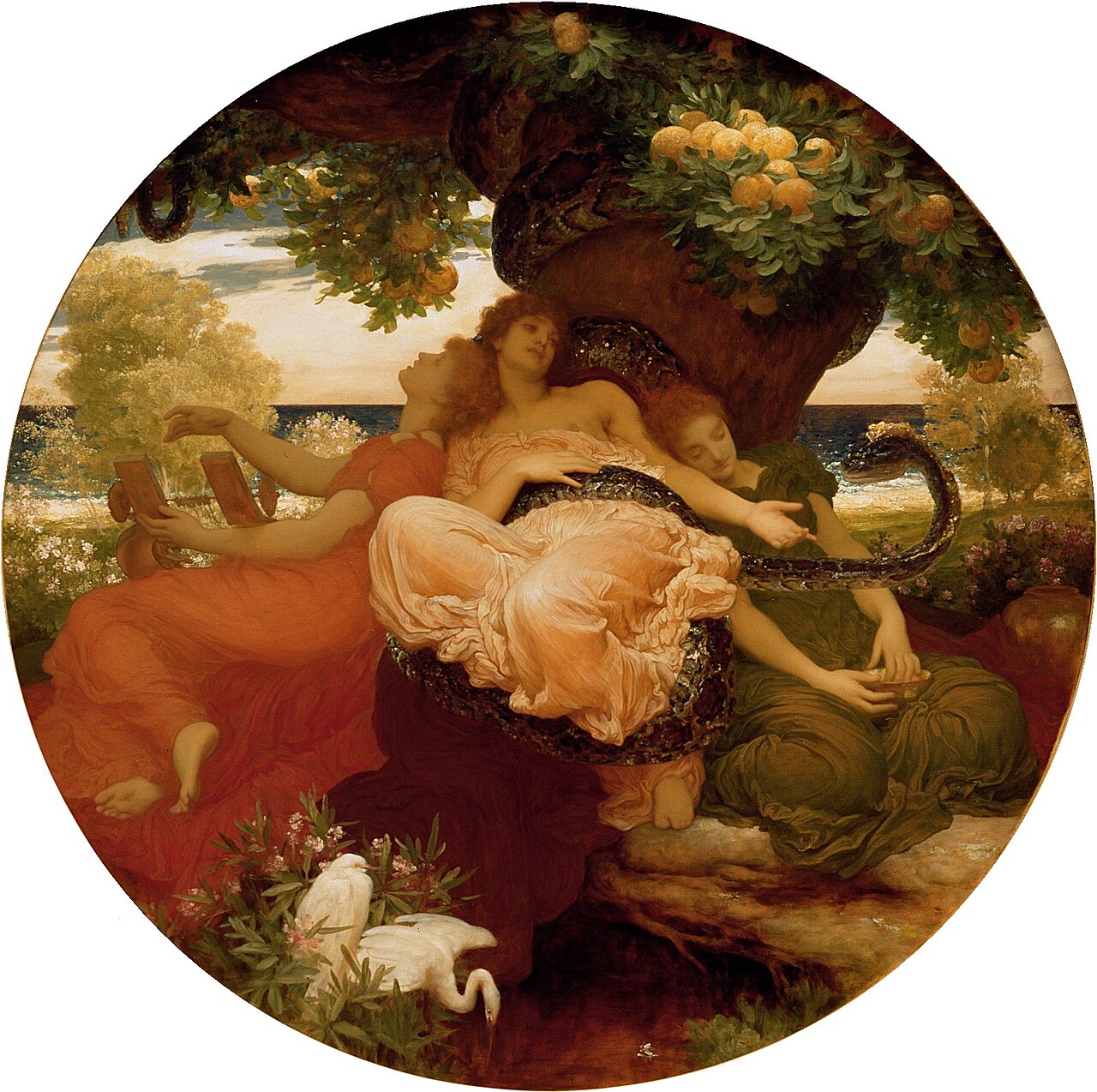 Classical painting of nymphs beneath tree with serpent and golden apples in circular composition