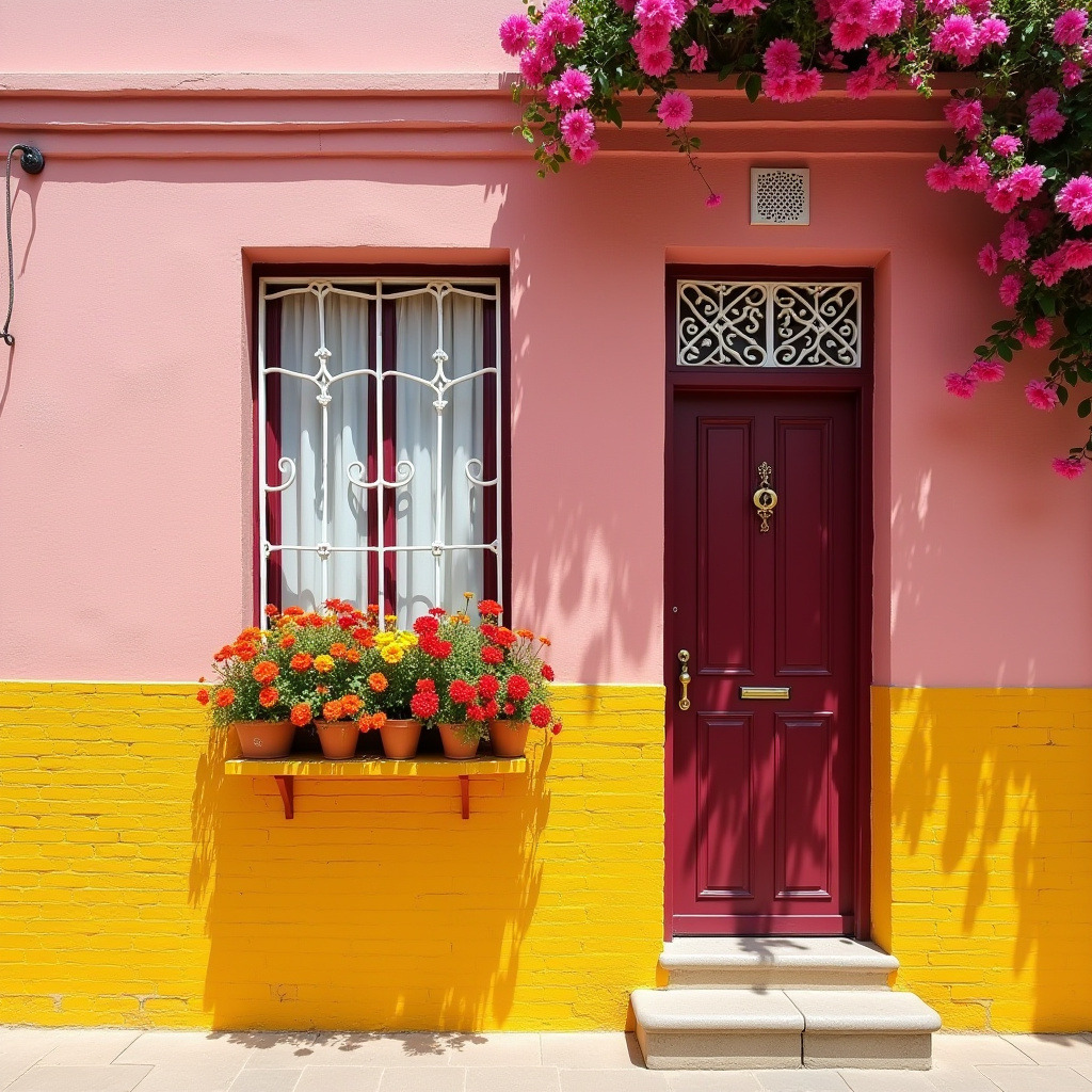 Bright pink and yellow house with burgundy door, window planter with orange flowers, and hanging pink blooms
