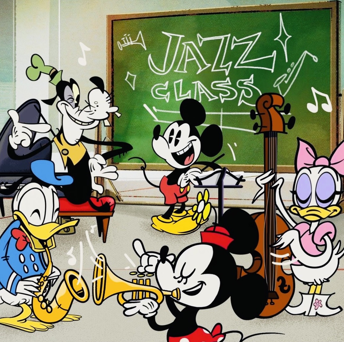 Disney characters performing as a jazz band in a classroom setting with musical instruments and chalkboard