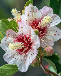 Close-up of white and pink feijoa flowers with red stamens and green leaves