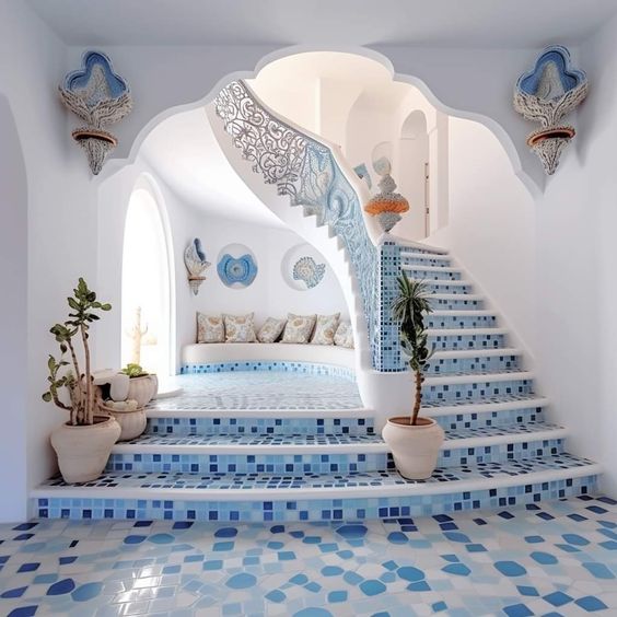Curved staircase with blue and white mosaic tiles in a Mediterranean-style white interior with poted plants