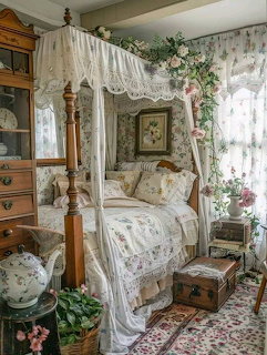 Vintage canopy bed with white lace drapes and floral linens in a cozy corner filled with plants and antique furniture