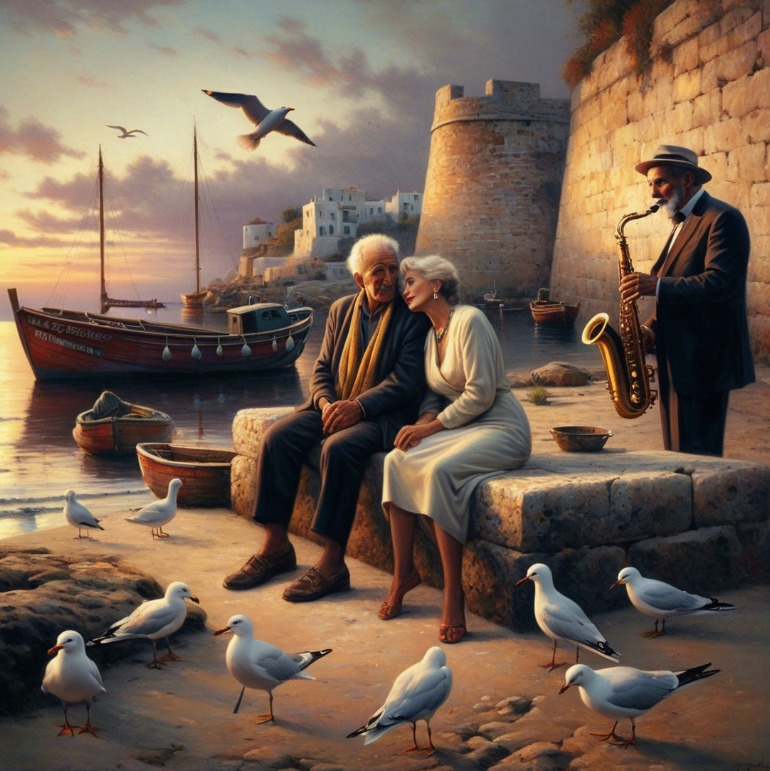 Elderly couple sitting at seaside harbor at sunset with musician and seagulls