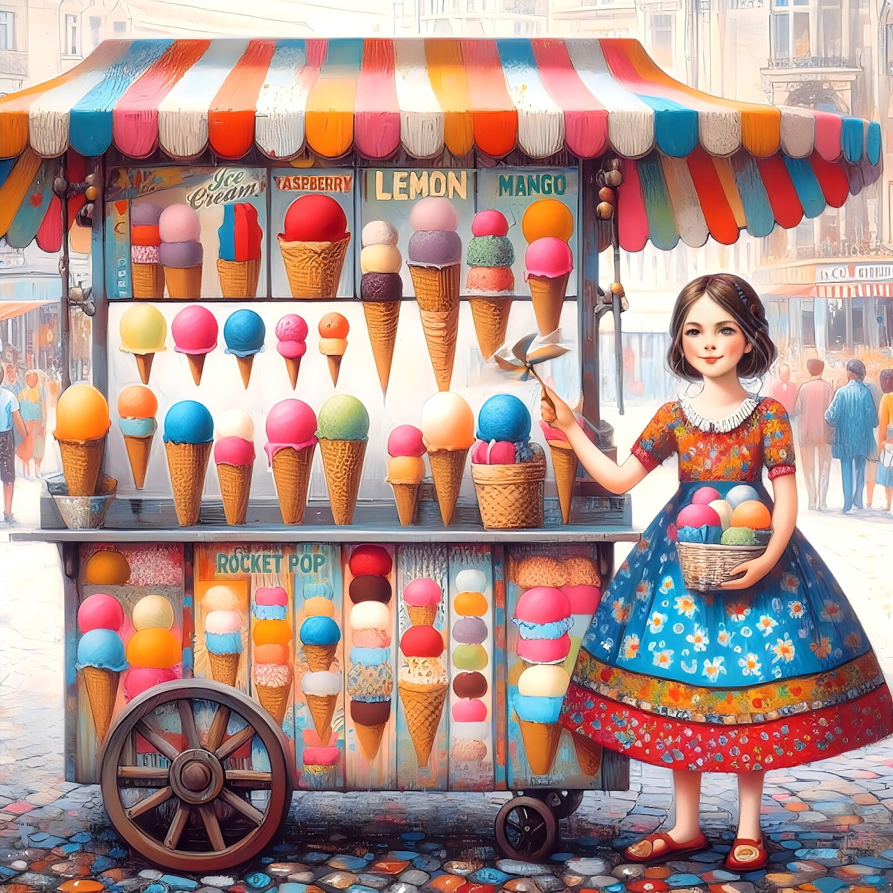 Young girl in folk dress gesturing at colorful ice cream cart with striped canopy