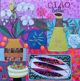 Colorful artistic collage with orchids, fish, vase, and decorative patterns in purple, pink, yellow, and turquoise tones