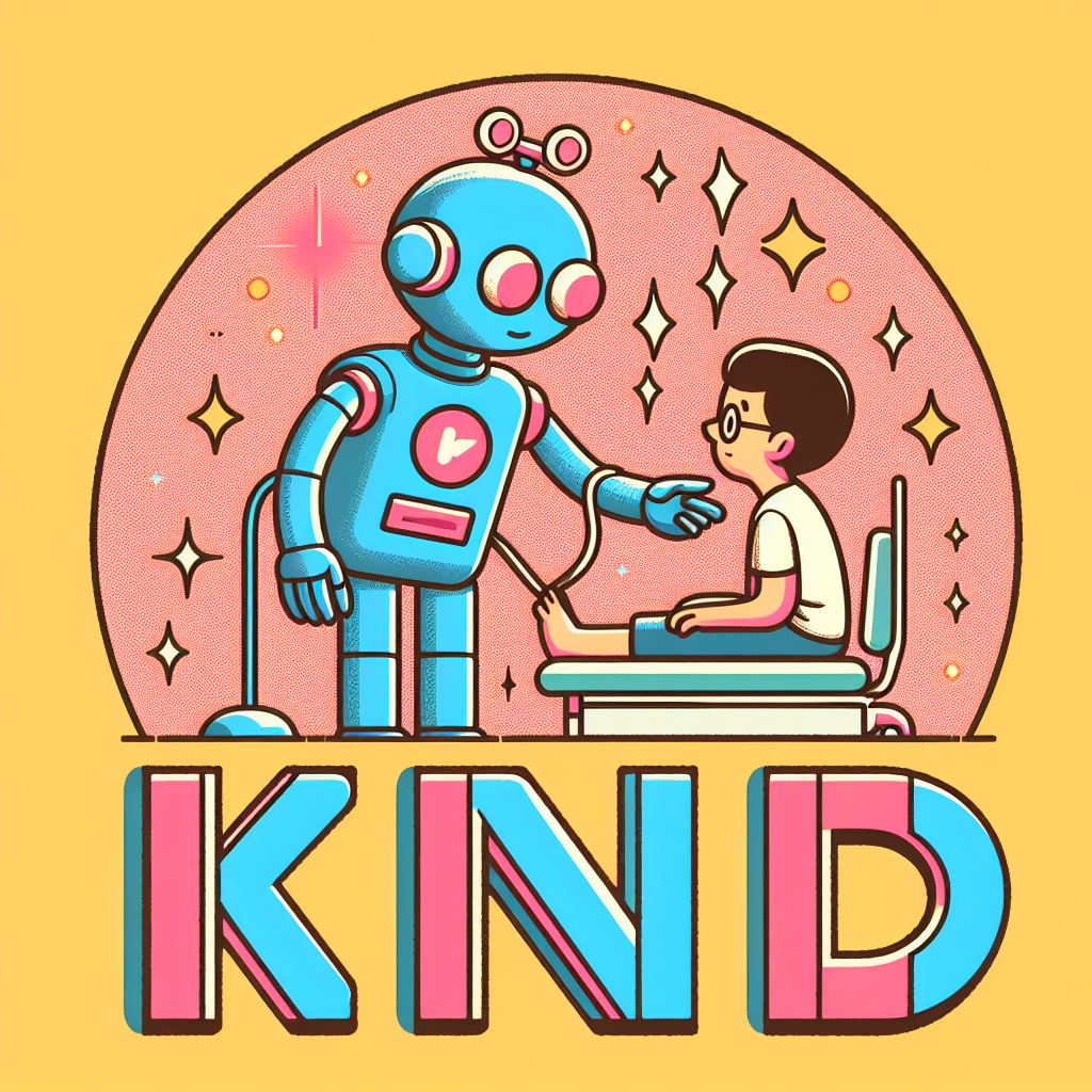 Cartoon robot doctor examining a seated child with a stethoscope above the word KIND