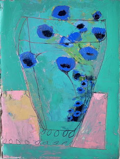 Abstract painting of blue flowers in glass vase on teal and pink surface