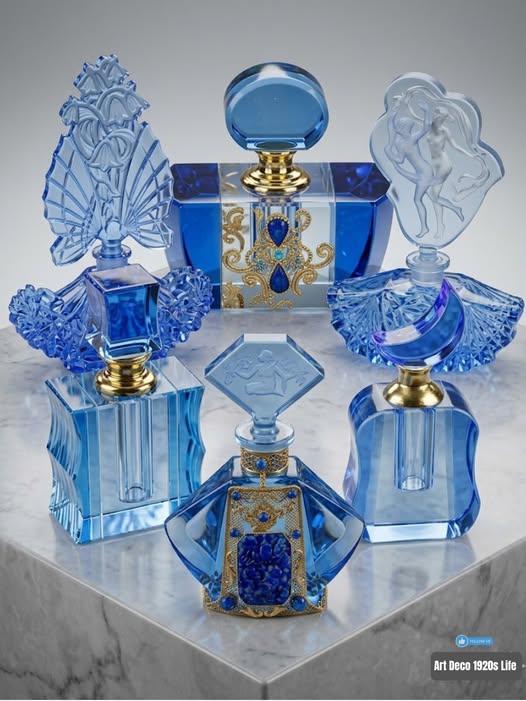 Five ornate blue vintage perfume bottles on a marble surface